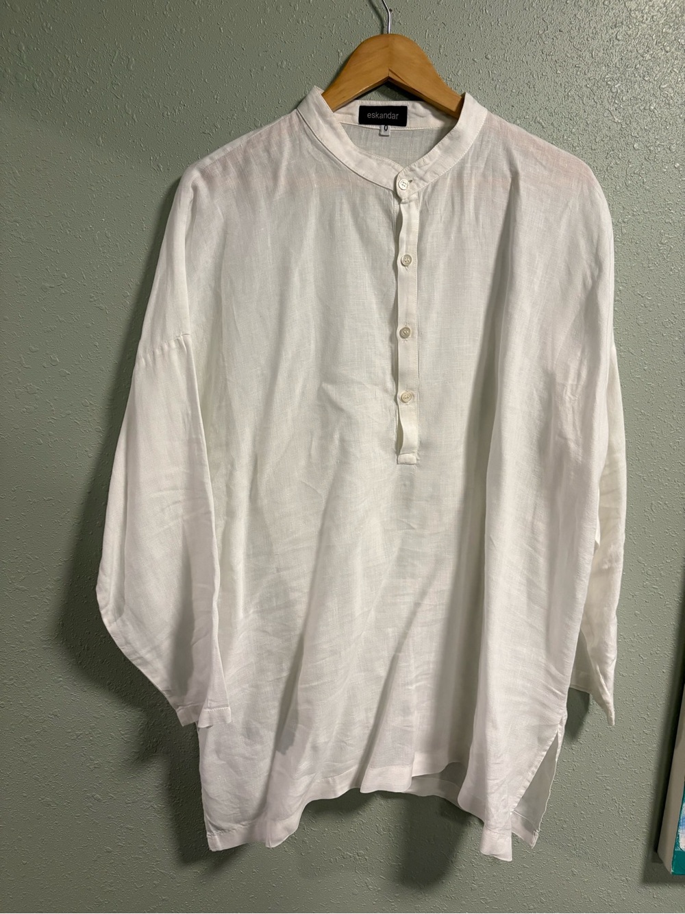 eskandar White Linen Band-Collar Button-Front Shirt